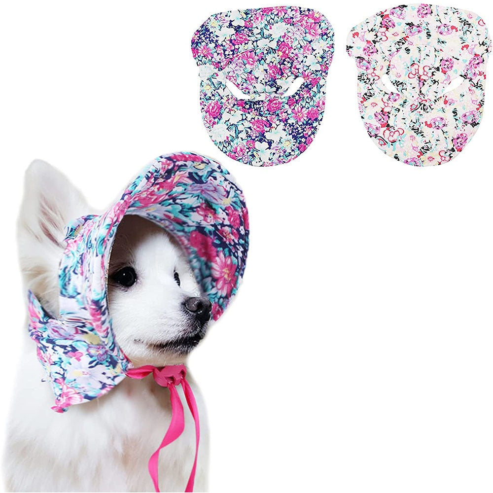 Floral Pet Sun Hat with Ear Holes | Adjustable Summer Dog Sunbonnet with Lace-up for Female Puppies