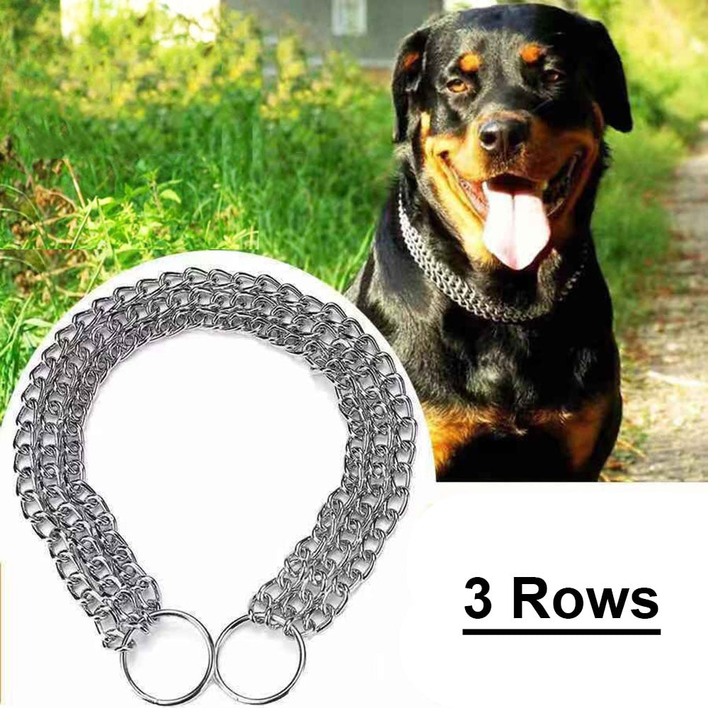 3 Rows Stainless Steel Dog Chain Collar | Strong Metal Slip Pinch Choke Collar for Walking and Training Large Dogs