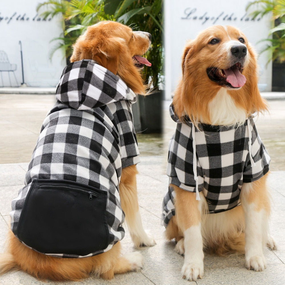 Winter Warm Dog Hoodie Coat | Plaid Print Hoodie with Pocket for Large Dogs