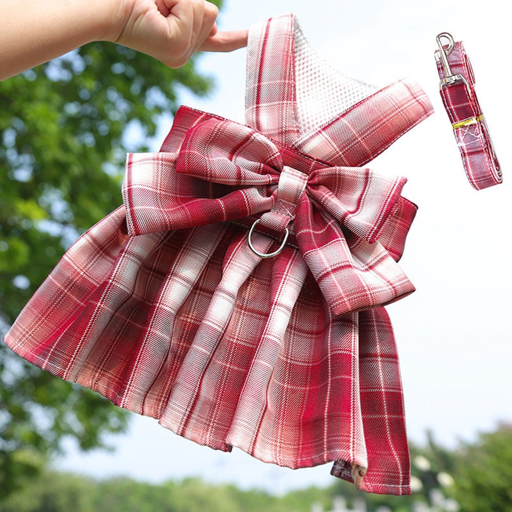 Adjustable Plaid Skirt Dog Harness with Bowknot | Stylish Party Dress for Small Dogs & Cats
