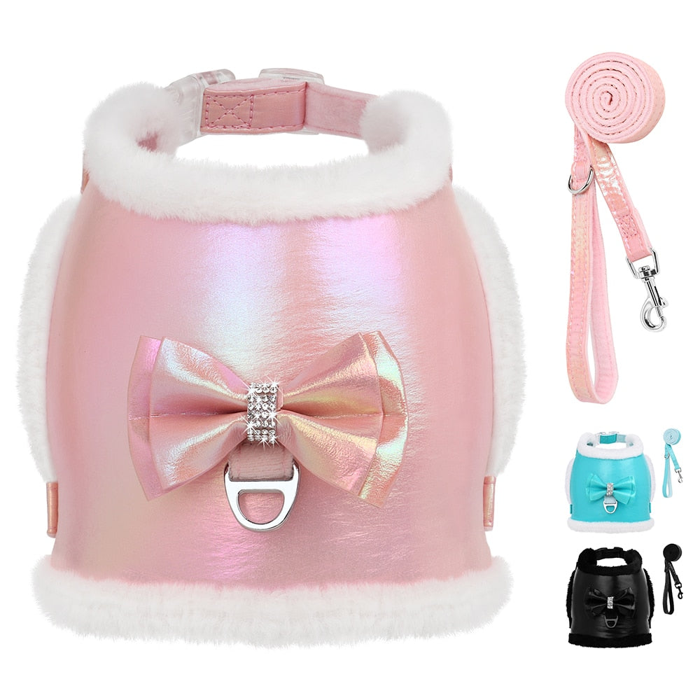 Winter Dog Harness and Leash Set | Waterproof Pink Vest Harness with Fur Collar and Bowtie for Small & Medium Dogs and Cats