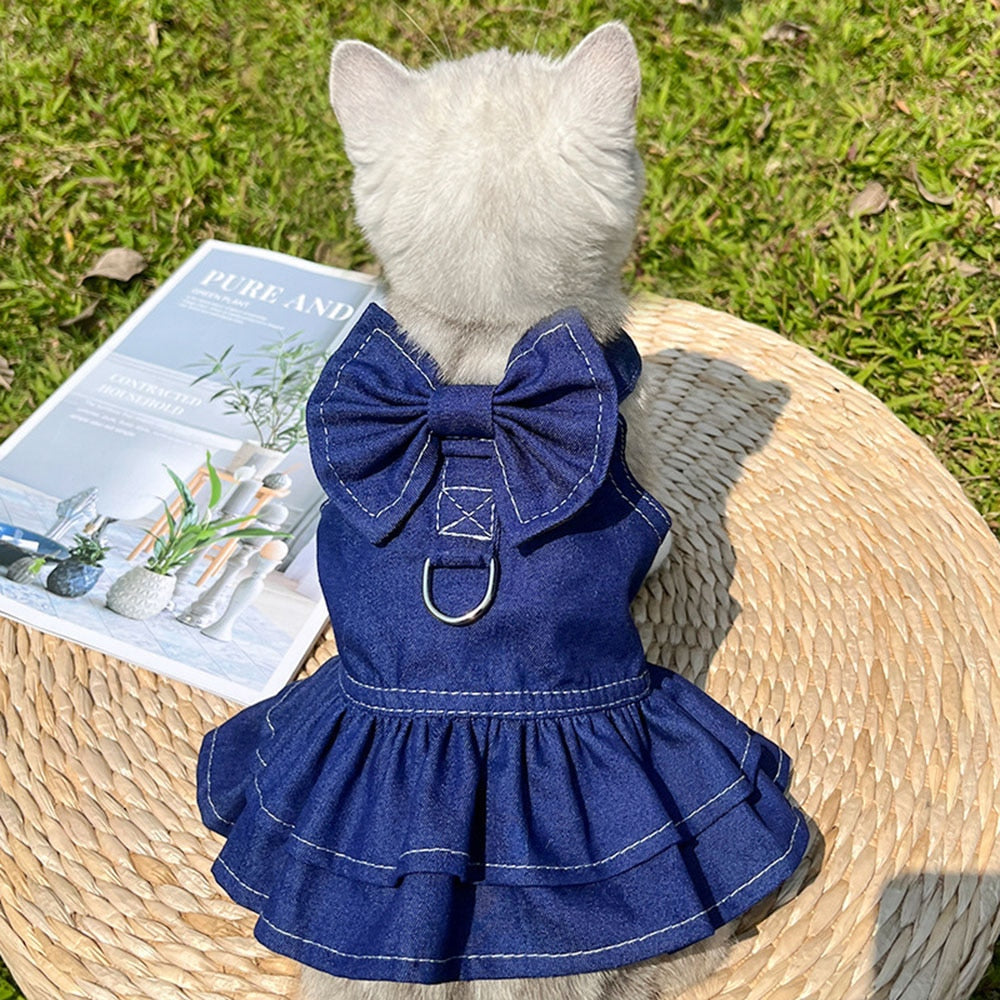 Pet Denim Dress Harness | Stylish Spring/Summer Jean Outfit with Bowtie for Cats & Small Dogs