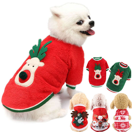 Christmas Dog Clothes Hoodie | Festive Winter Warm Outfit with Antlers and Flannel for Small Dogs and Cats