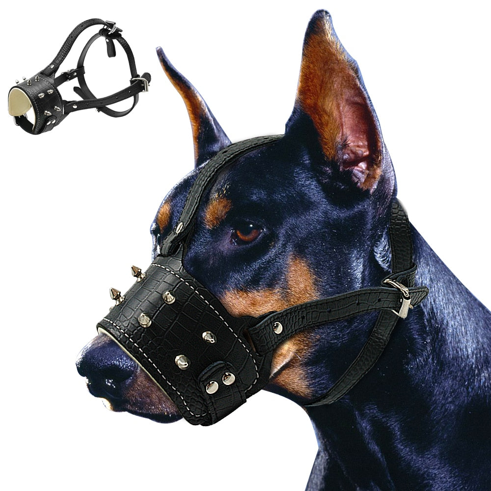 Leather Dog Muzzle for Medium to Large Dogs | Adjustable Spiked Anti-Bark Muzzle for Training & Safety