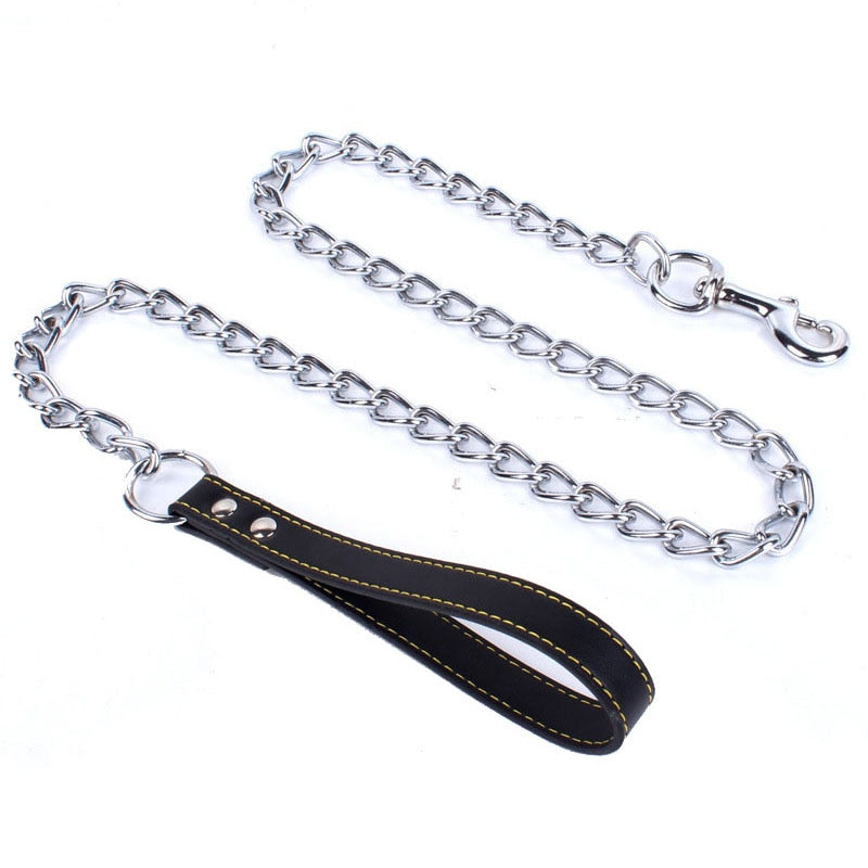 Heavy Duty Chain Dog Leash | Durable Stainless Steel Chew Proof Design with Leather Padded Handle