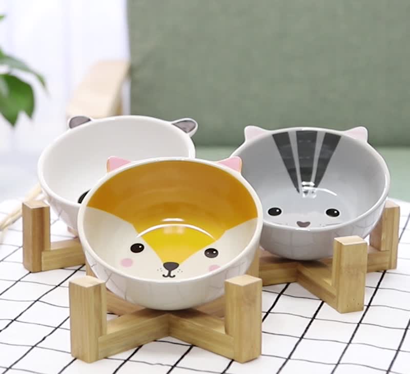 Ceramic Elevated Pet Bowl | Raised Cartoon-Printed Dog & Cat Dish with No-Spill Design for Food & Water