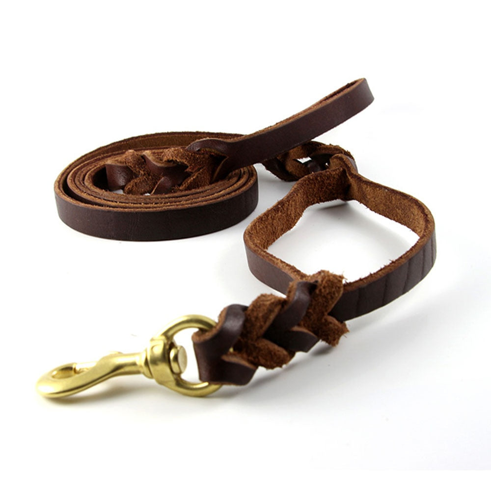 Braided Leather Dog Leash with Traffic Handle | Durable Two-Handle Design for Training Bulldogs and Pit Bulls
