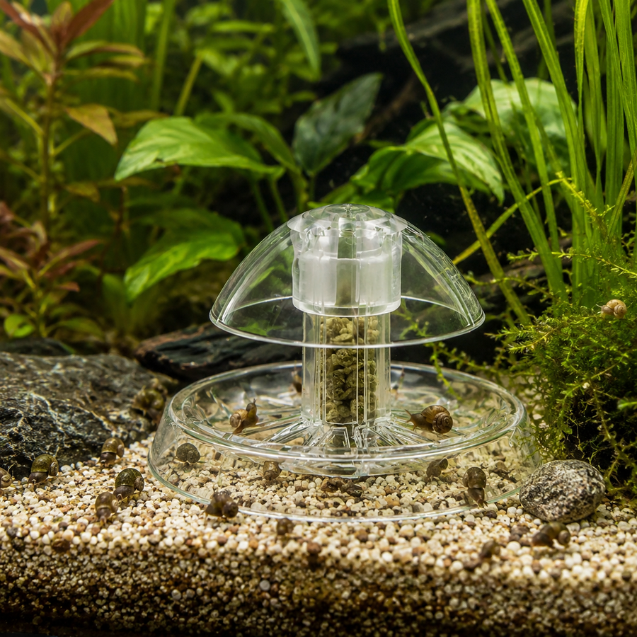 Clear snail trap positioned on the substrate in a planted freshwater aquarium