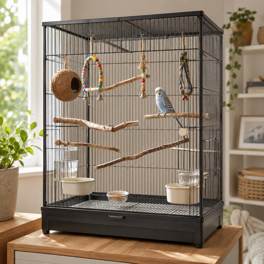 Pet bird cage arranged with natural perches, feeding bowls and enrichment toys