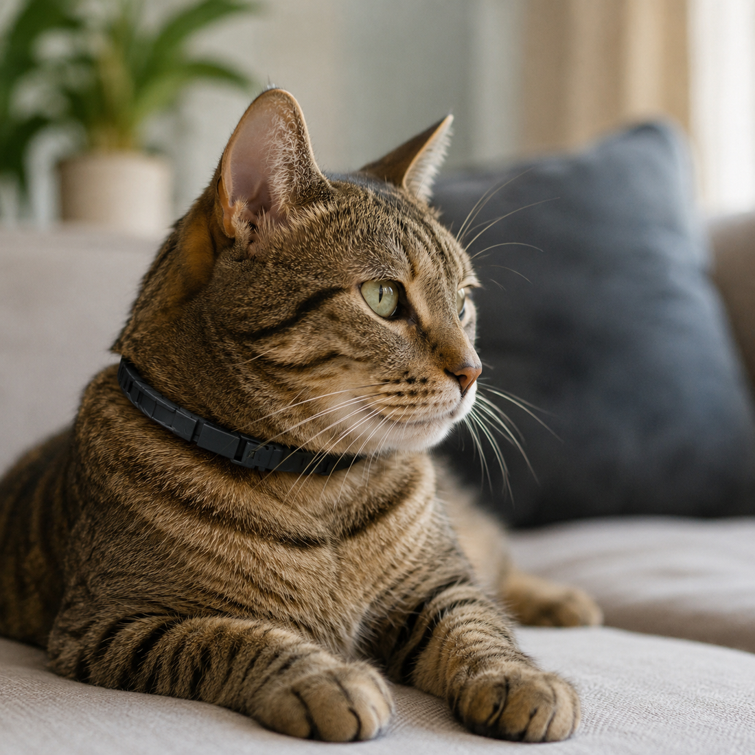 Relaxed cat wearing a black calming collar at home