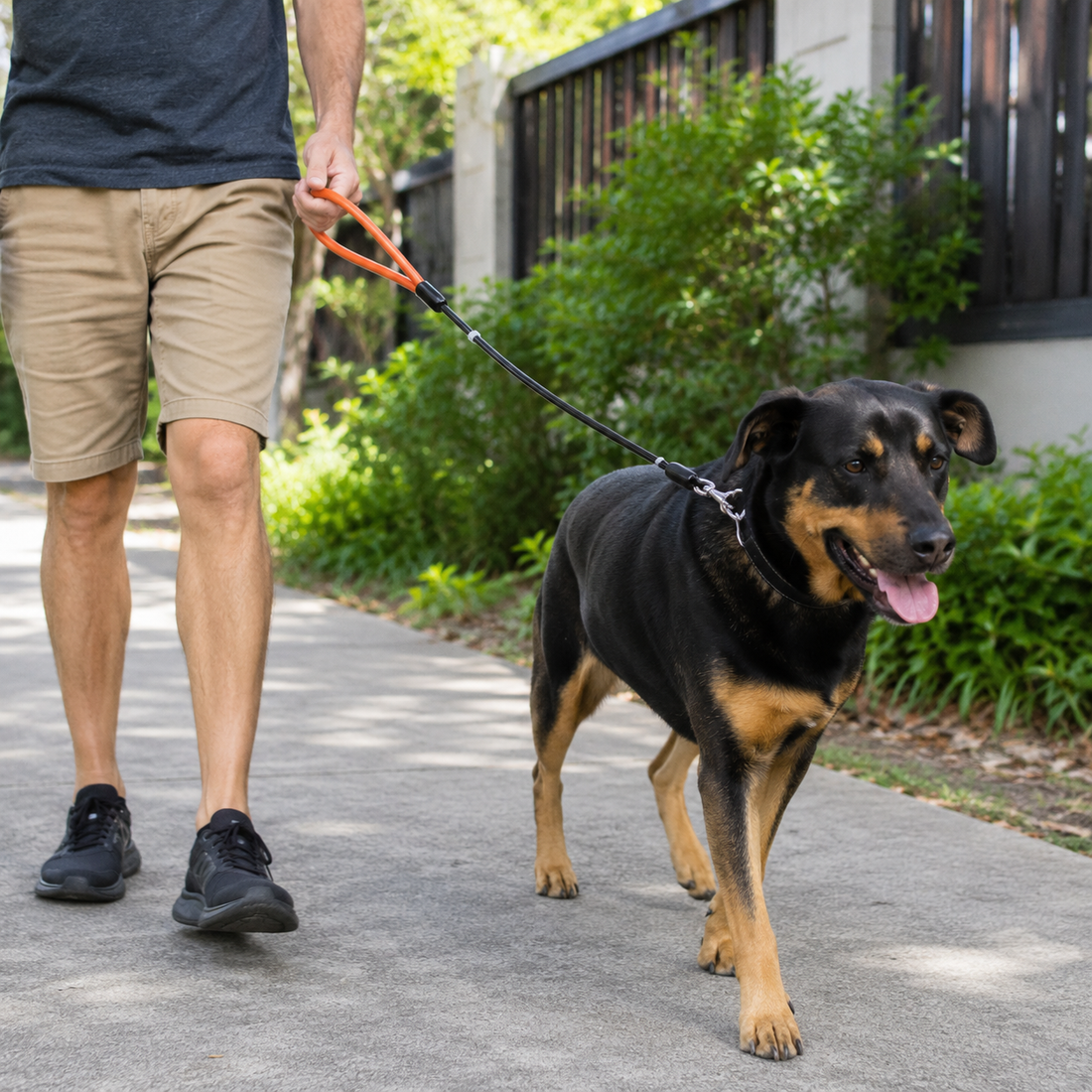 Dog walking outdoors with a chew-resistant steel cable lead