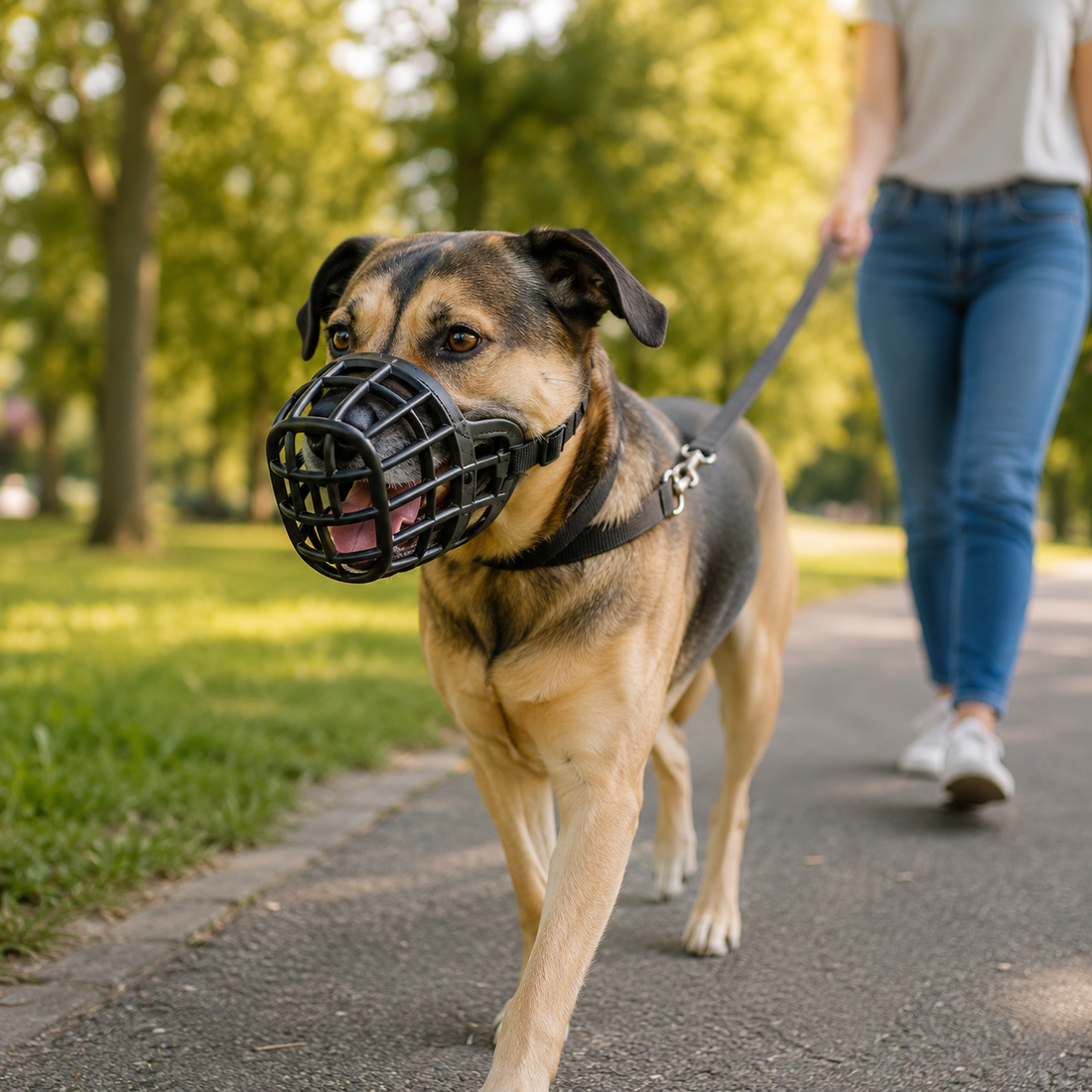Dog wearing a correctly fitted basket muzzle during a supervised outdoor walk