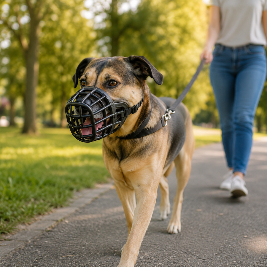 Dog wearing a correctly fitted basket muzzle during a supervised outdoor walk