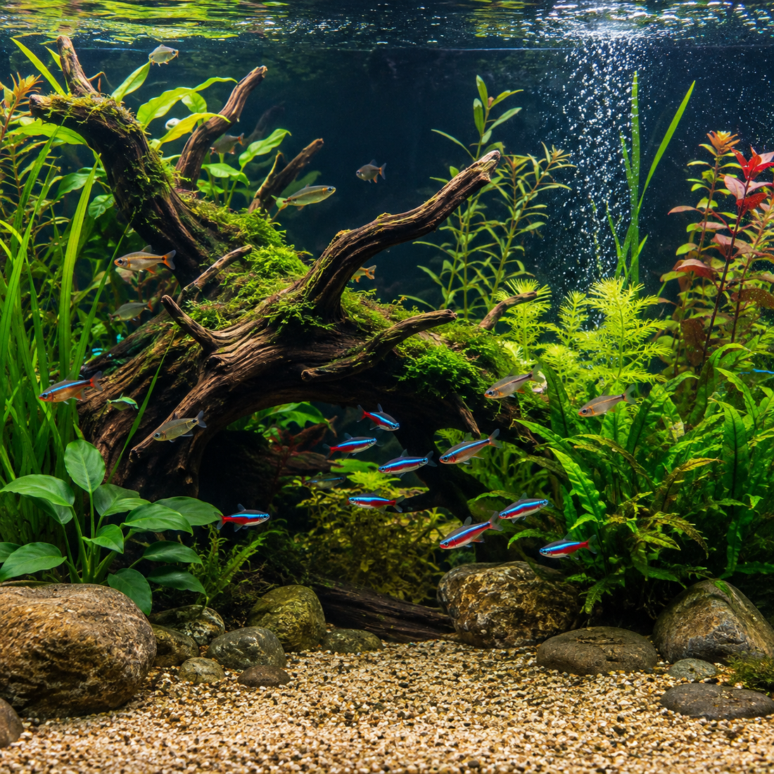 Planted freshwater aquarium with fish, substrate and natural decorations