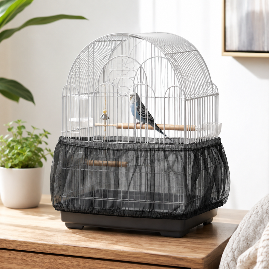Bird cage fitted with breathable mesh seed catcher around the lower section
