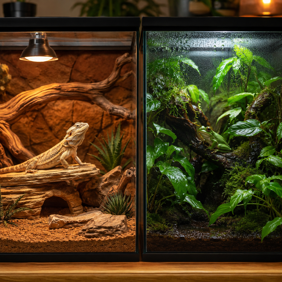 Separate reptile and amphibian enclosures showing different heat, substrate and humidity setups