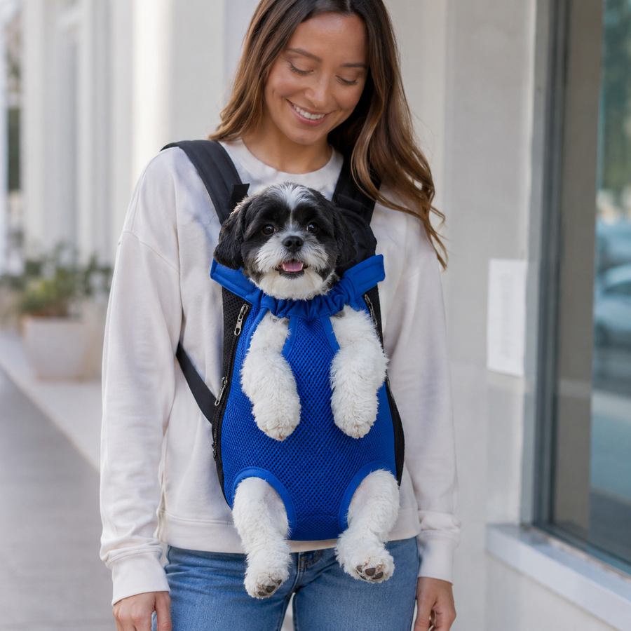 Small dog travelling in a breathable front pet carrier backpack