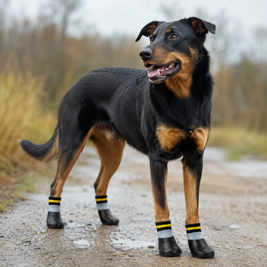 Dog wearing waterproof non-slip paw socks during an outdoor walk