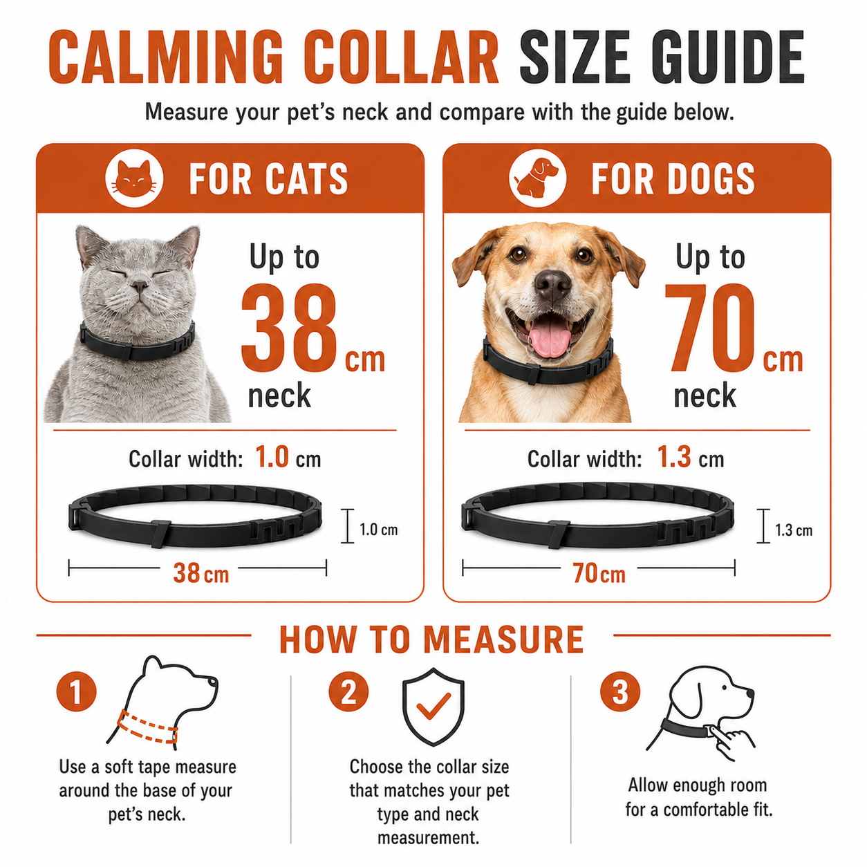 Size guide for Pet Calming Collar for Cats & Dogs | Up to 60 Days