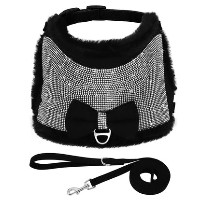 Stylish Rhinestone Harness and Leash Set with Bowtie | Cozy Winter Vest & Leash for Dogs and Cats