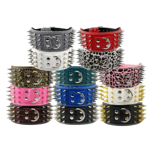3-Inch Wide Spiked Studded Leather Dog Collars for Medium to Large Dogs | Sharp & Durable Design