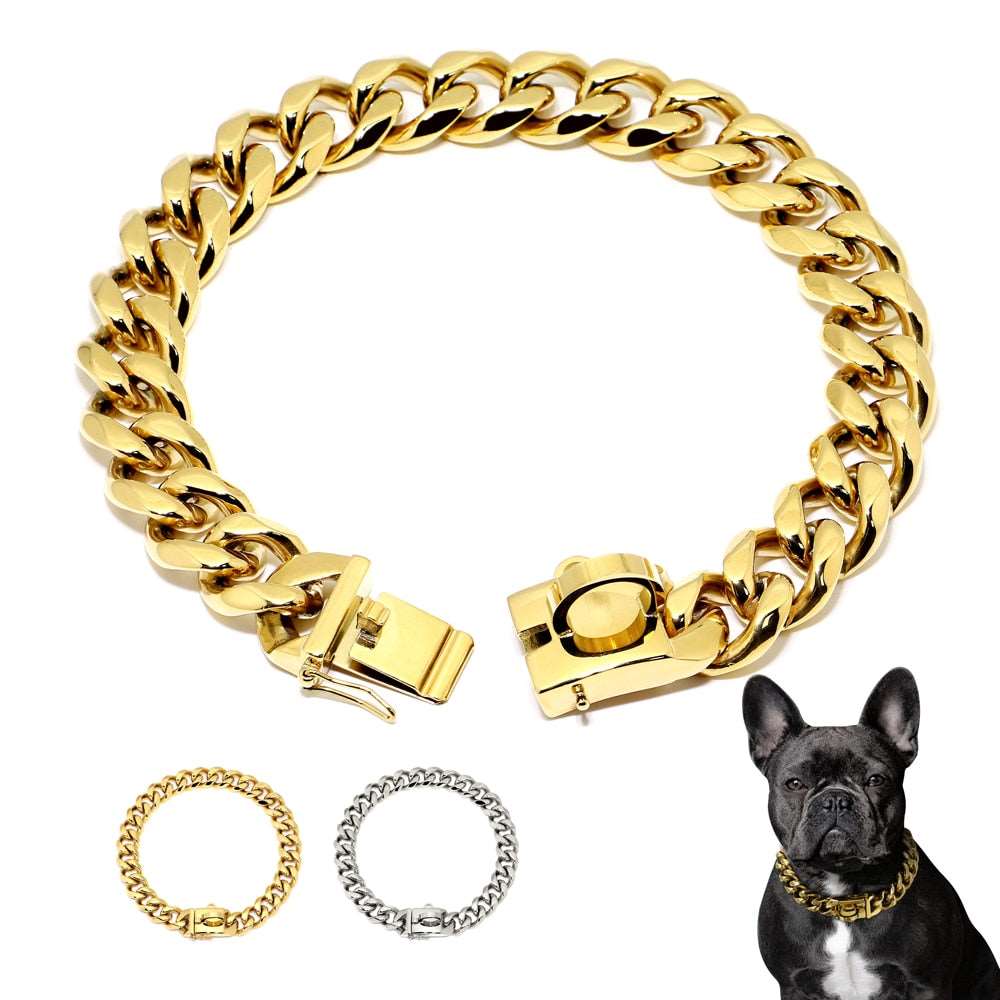 19MM Stainless Steel Dog Chain Collar | Chew Proof Gold & Silver Plated ...