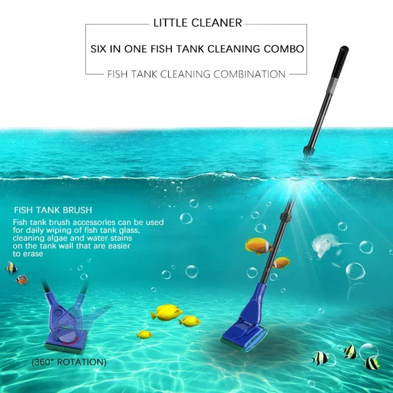 6-in-1 Retractable Aquarium Cleaning Tool Set | Fish Tank Maintenance Kit with Long Handle, Net, Scraper, Brush, and Clip