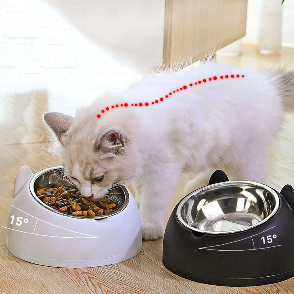 15 Degrees Raised Stainless Steel Cat Dog Bowls | Safeguard Neck Puppy Pet Feeder | Non-slip Elevated Cat Food Bowl