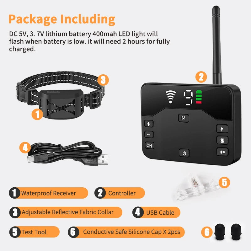 2-in-1 Wireless Dog Fence & Training Collar | Adjustable Beep, Vibration, Shock Modes with Remote Control