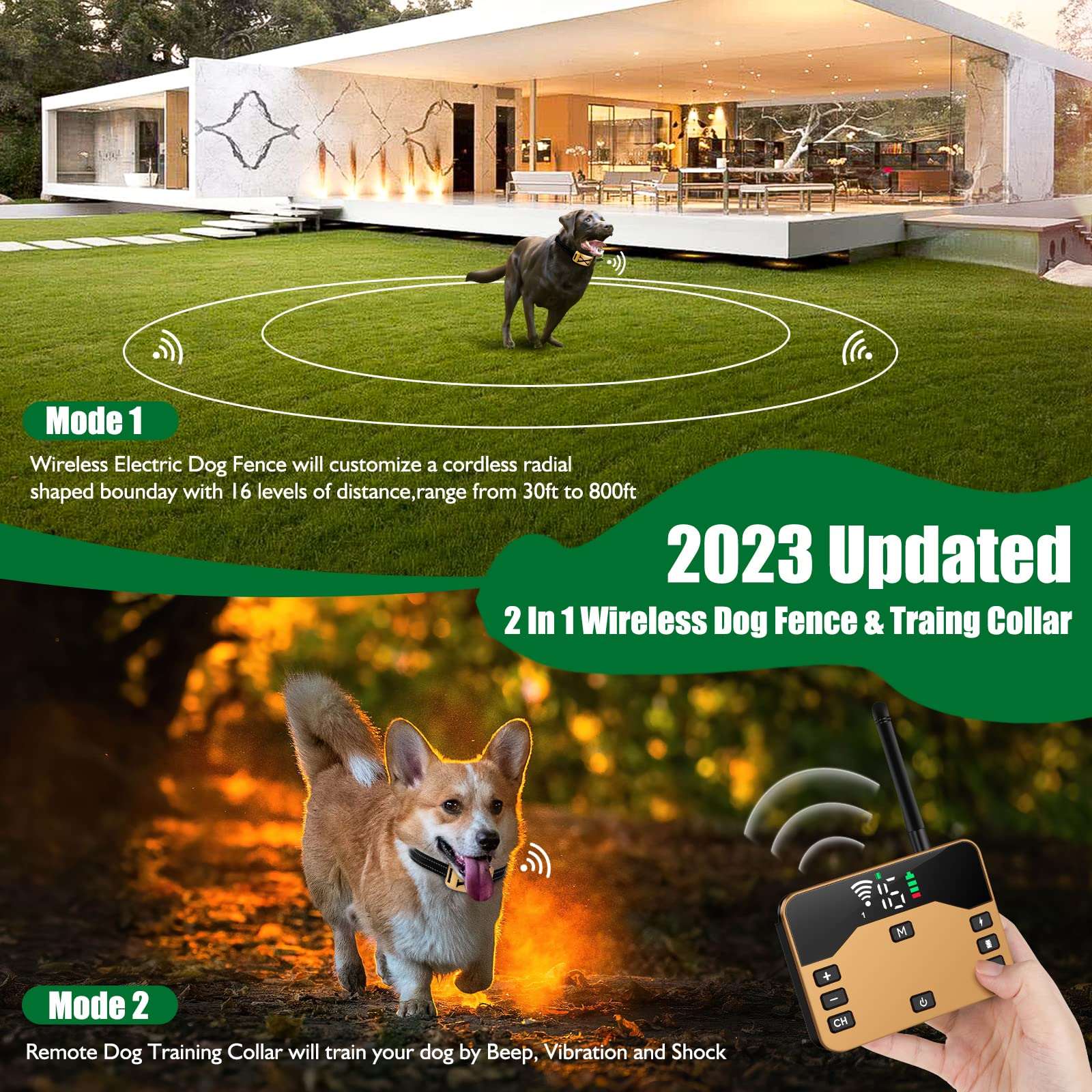 2-in-1 Wireless Dog Electric Fence & Training Collar | Remote Pet Behavior Aid with Anti-Bark Feature | USB Charging