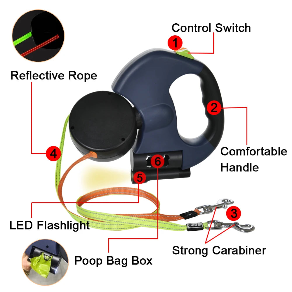 3m Retractable Dual Dog Leash with Lights