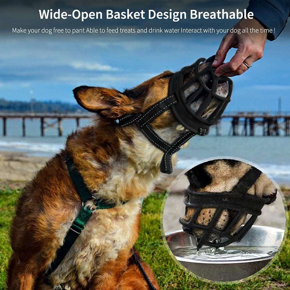 Adjustable Reflective Dog Basket Muzzle | Soft Padded, Anti-Biting, Air Mesh, Black | Drinkable Design