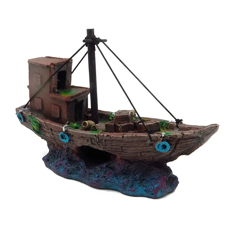 Resin Shipwreck Aquarium Ornament | Decorative Boat for Creative Fish Tank Landscaping