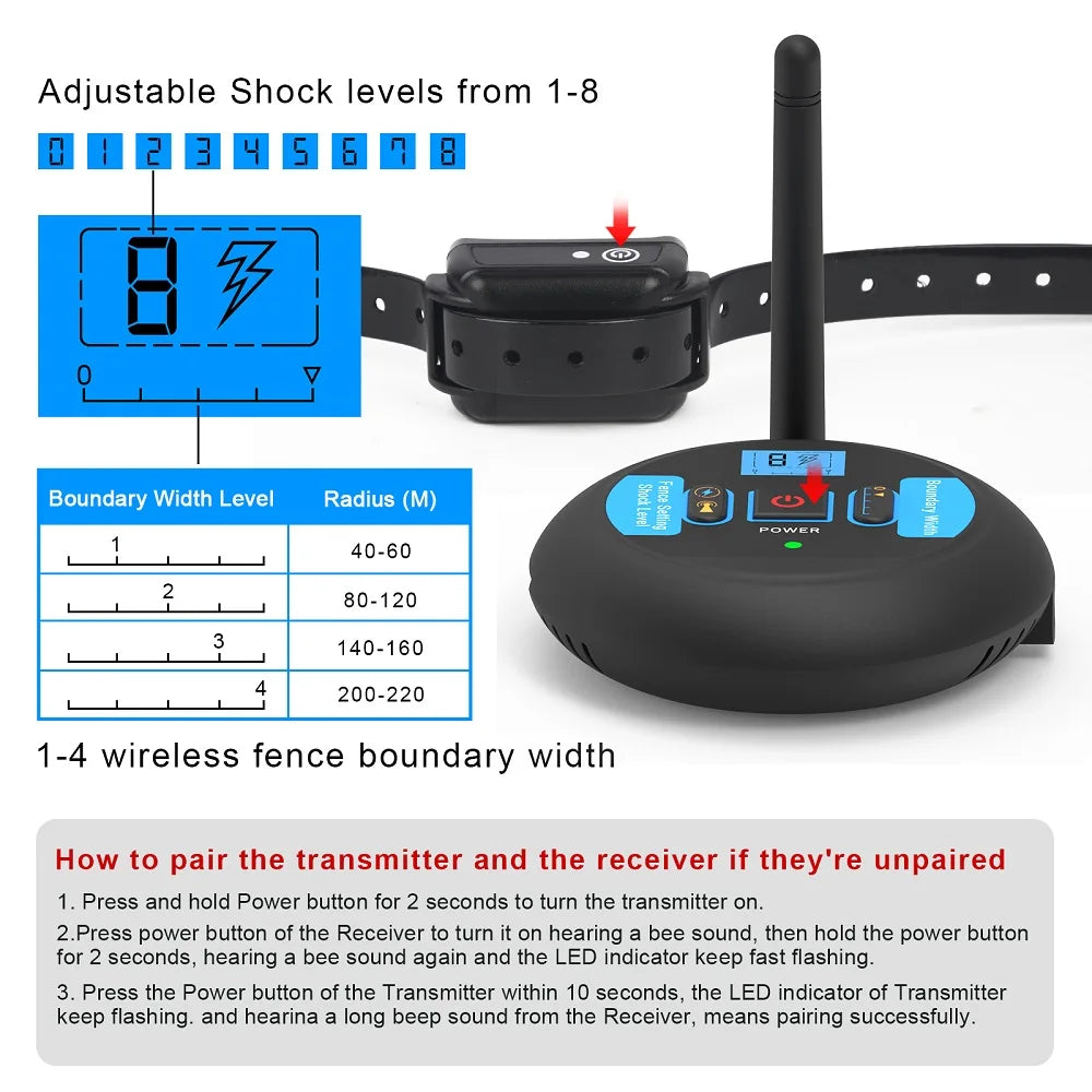 200m Wireless Rechargeable Electric Dog Fence with IP68 Waterproof Collar and Beep + Shock Training Modes