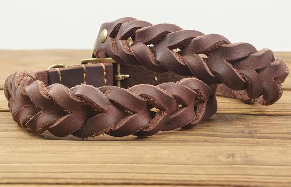 Real Leather Woven Dog Collar