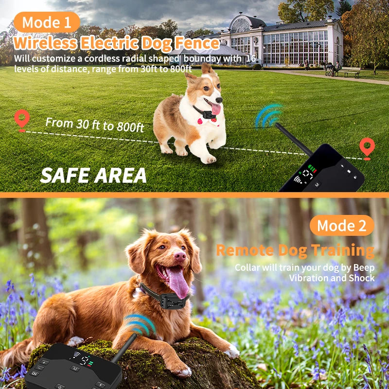 2-in-1 Wireless Dog Fence & Training Collar | Adjustable Beep, Vibration, Shock Modes with Remote Control