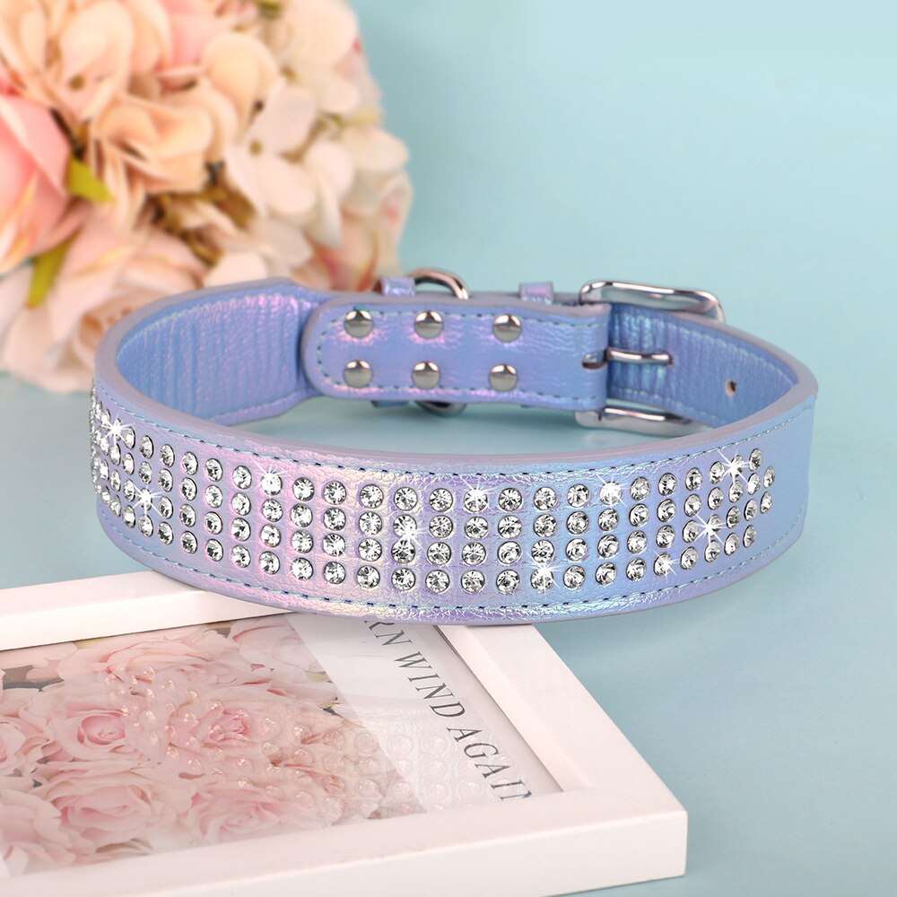 Bling Rhinestone Leather Dog Collar | Glitter Crystal Studded Collars for Medium and Large Dogs | Adjustable Pet Accessories