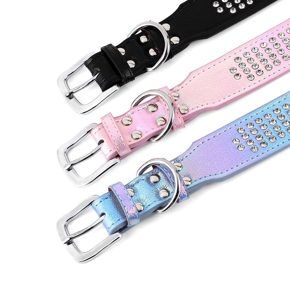 Bling Rhinestone Leather Dog Collar | Glitter Crystal Studded Collars for Medium and Large Dogs | Adjustable Pet Accessories