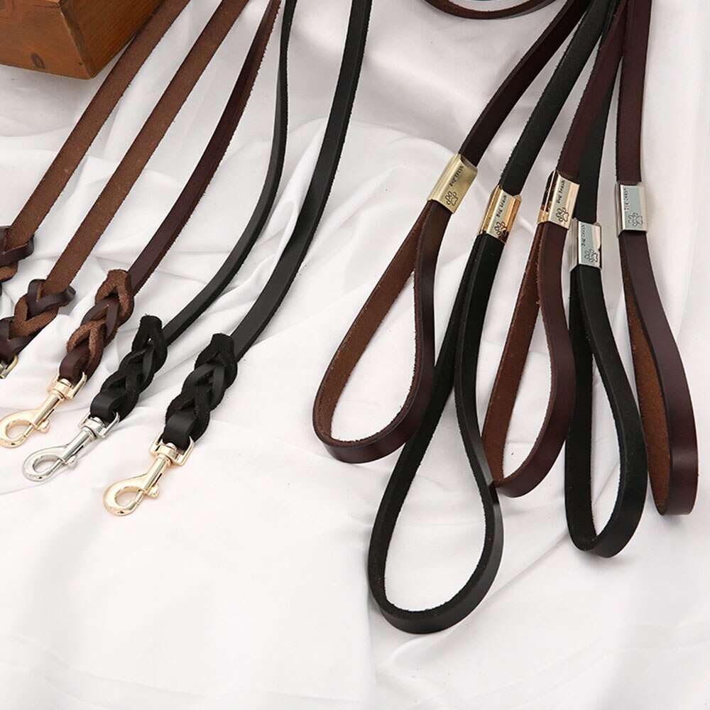 130cm Braided Leather Dog Leash for Large and Medium Breed Dogs | Durable Training Walking Leash in Brown/Black