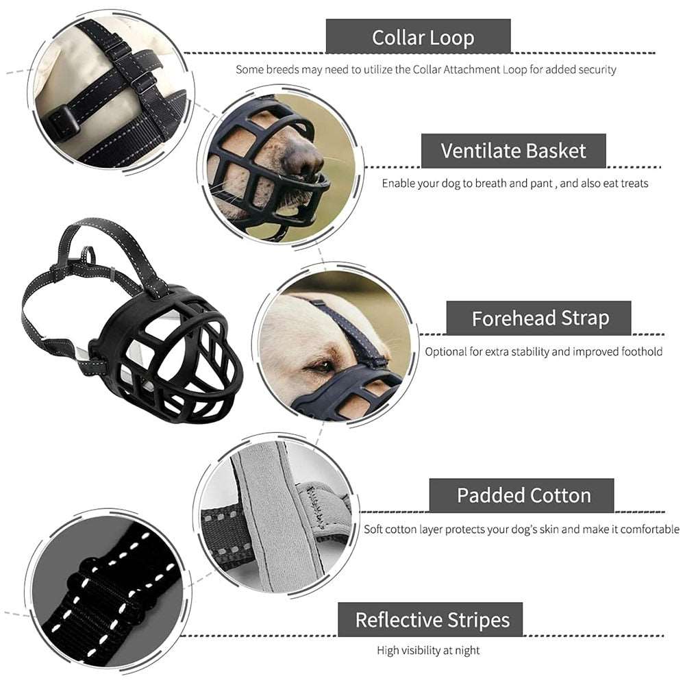 Adjustable Reflective Dog Basket Muzzle | Soft Padded, Anti-Biting, Air Mesh, Black | Drinkable Design