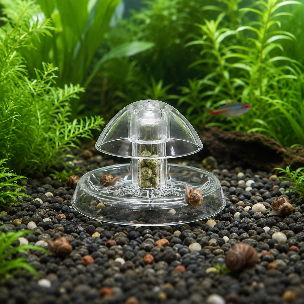 Baited clear aquarium snail trap in a planted freshwater tank with fish and snails