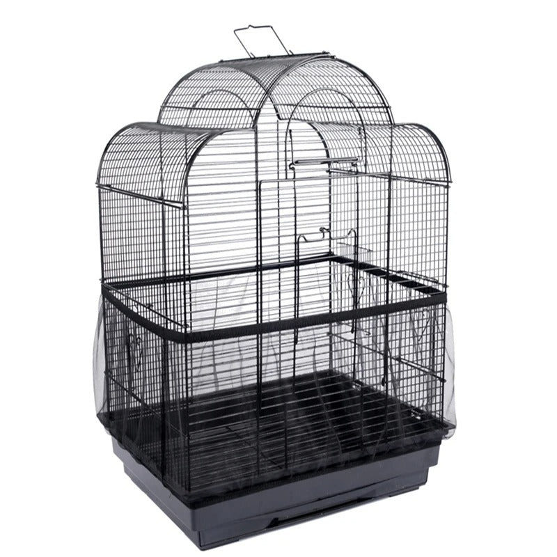 Black elastic mesh seed catcher fitted around the lower section of a bird cage