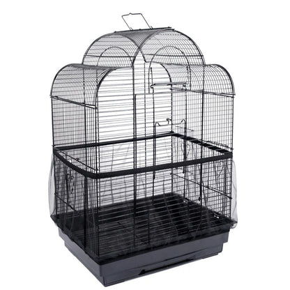 Black elastic mesh seed catcher fitted around the lower section of a bird cage