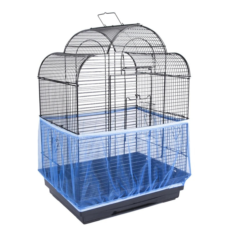 Blue elastic mesh seed catcher fitted around the lower section of a bird cage