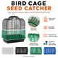 Infographic showing the features of the bird cage seed catcher, including breathable nylon mesh, elasticated edges, colour options and help containing seed husks, feathers and food debris.
