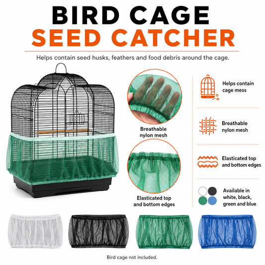 Infographic showing the features of the bird cage seed catcher, including breathable nylon mesh, elasticated edges, colour options and help containing seed husks, feathers and food debris.