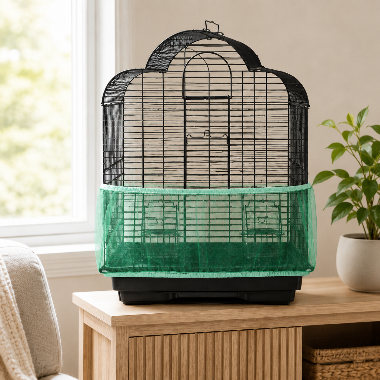 Green mesh bird cage seed catcher fitted to a bird cage in a home setting to help contain scattered seed husks and cage mess.