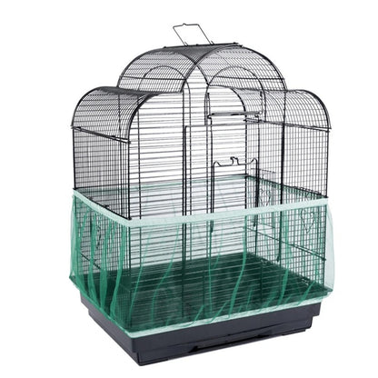 Green elastic mesh seed catcher fitted around the lower section of a bird cage