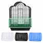 Green mesh bird cage seed catcher fitted around the lower section of a bird cage, with white, black and blue colour options shown below.