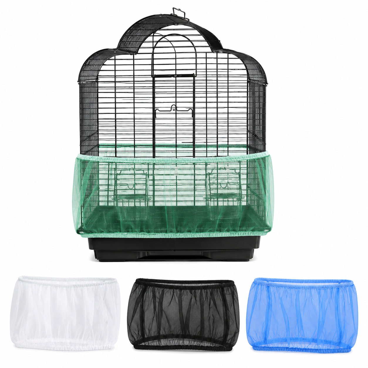 Green mesh bird cage seed catcher fitted around the lower section of a bird cage, with white, black and blue colour options shown below.